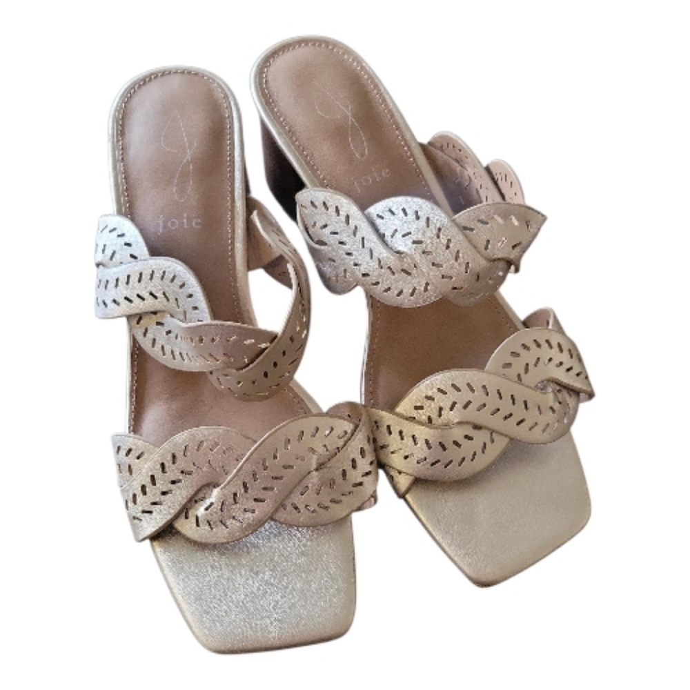 Joie Society Sandals Gold Metallic Perforated Braided Straps Block Heel Shoes 8
